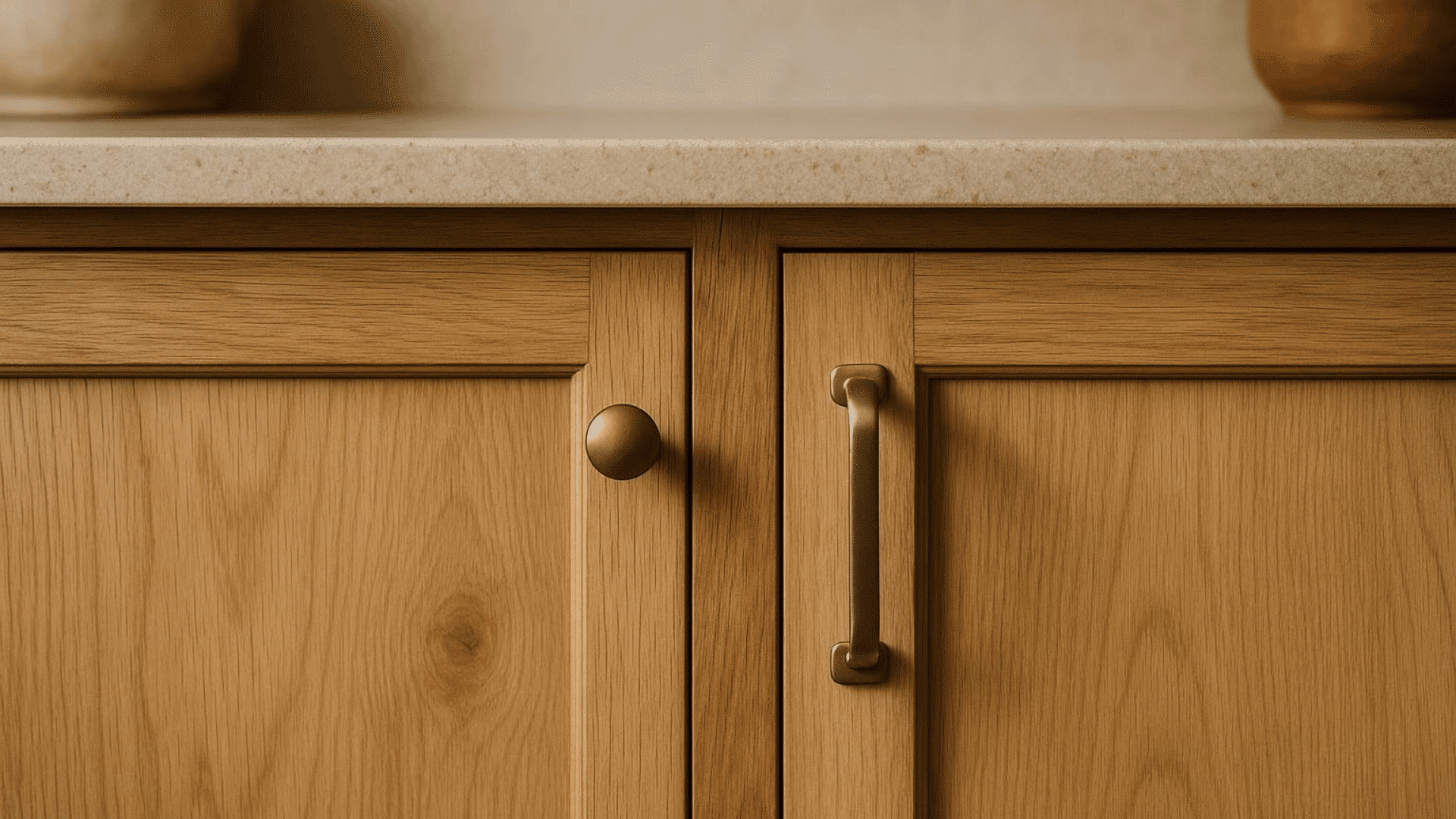 a close up of light wood cabinet doors with a round knob on one door and a vertical handle on the other under a light countertop