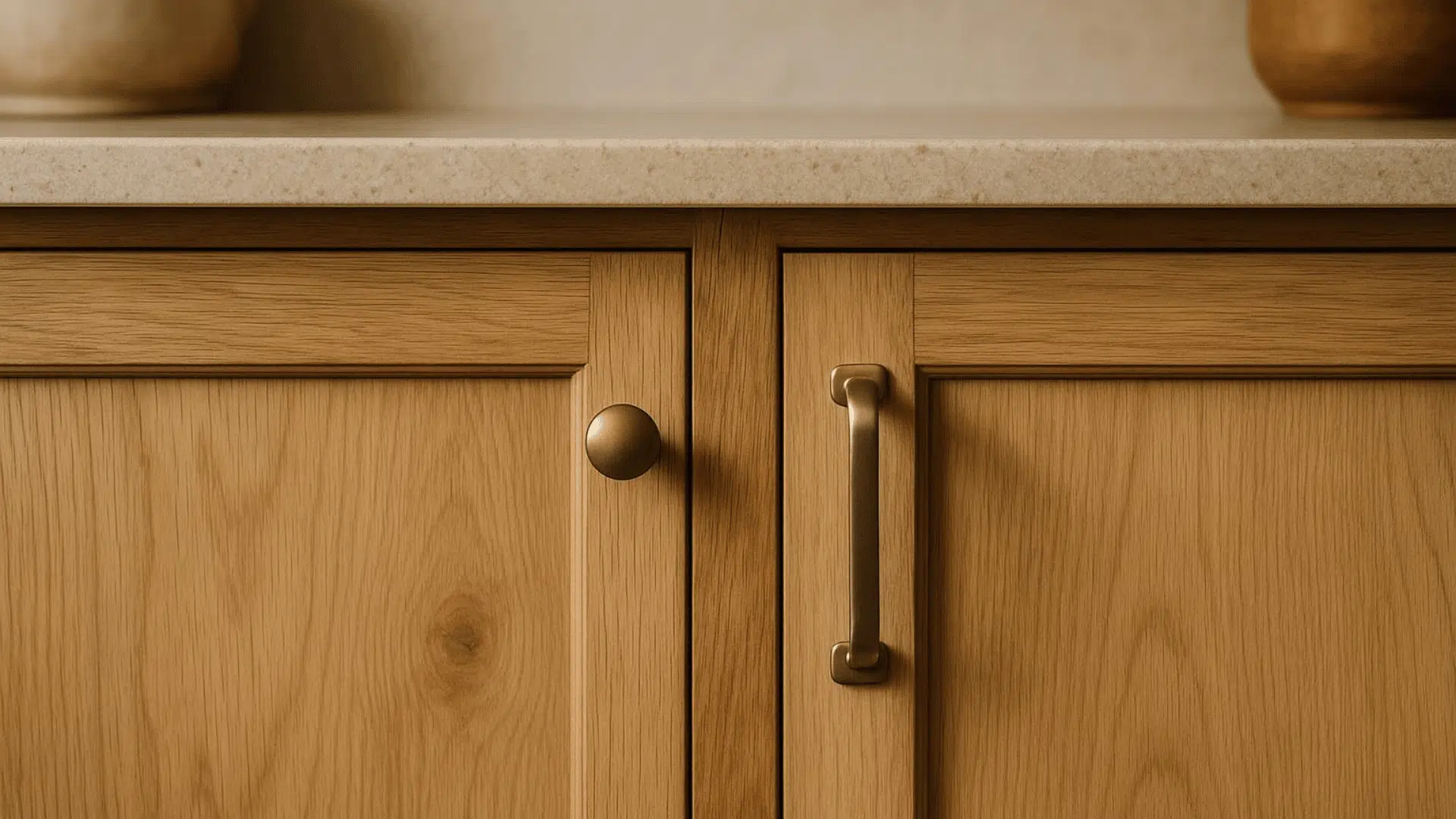 a close up of light wood cabinet doors with a round knob on one door and a vertical handle on the other under a light countertop