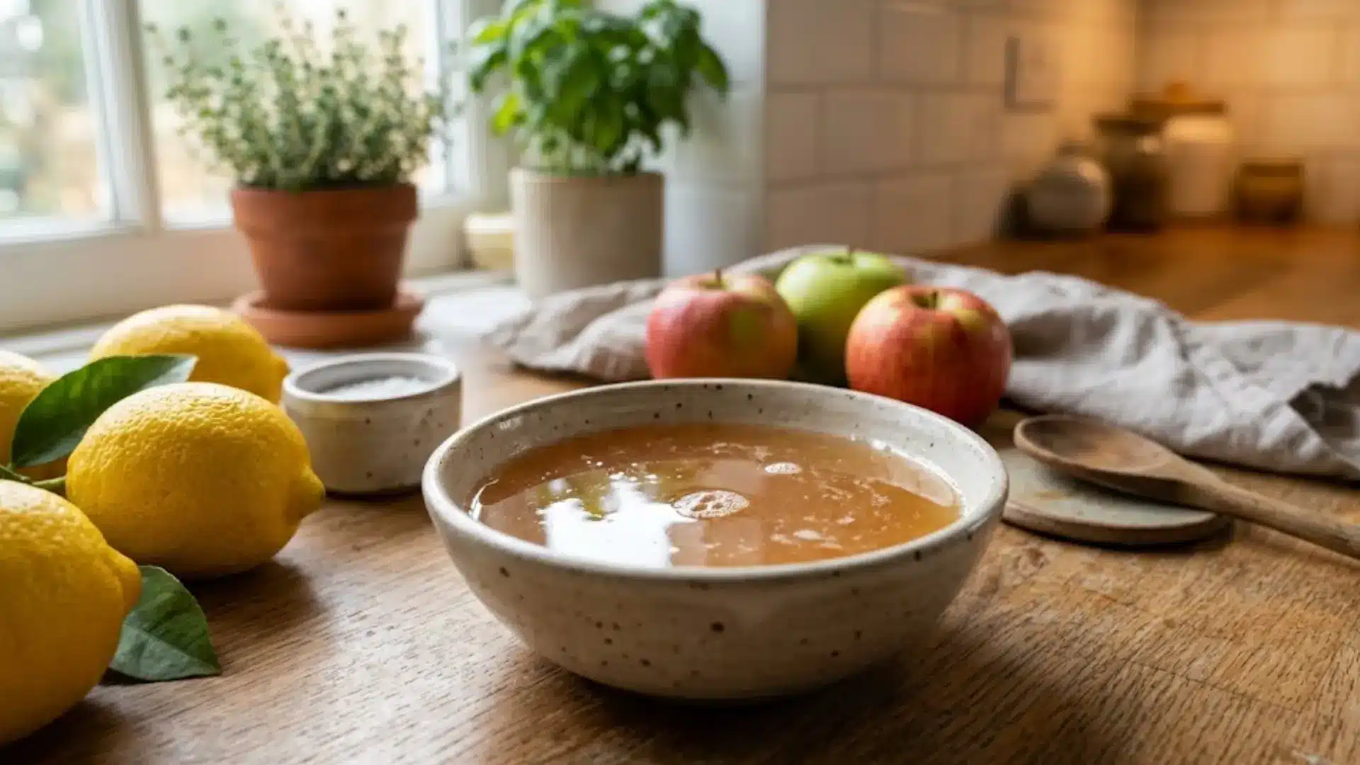 a close-up shot of a small bowl filled with orange liquid. around the bowl, several lemons and three apples