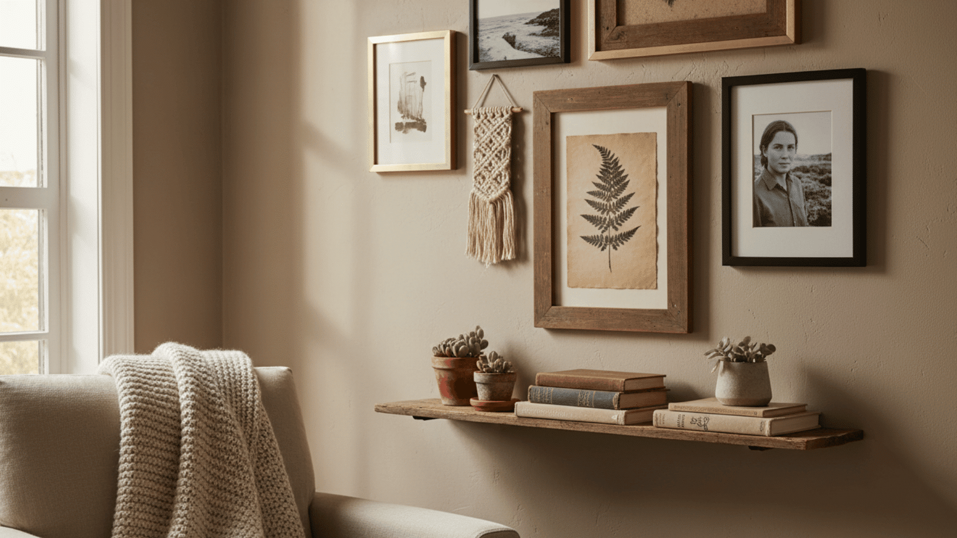 a cozy corner of a living room with a beige armchair a knitted throw a wooden floating shelf with books and potted plants and framed artwork on the wall above