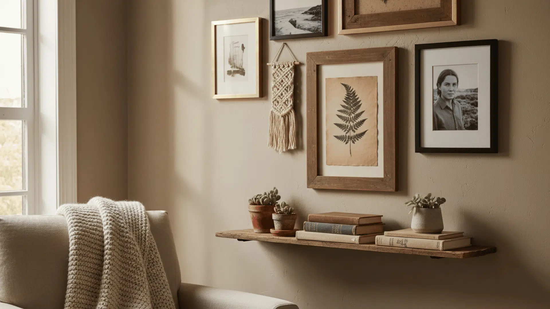 a cozy corner of a living room with a beige armchair a knitted throw a wooden floating shelf with books and potted plants and framed artwork on the wall above