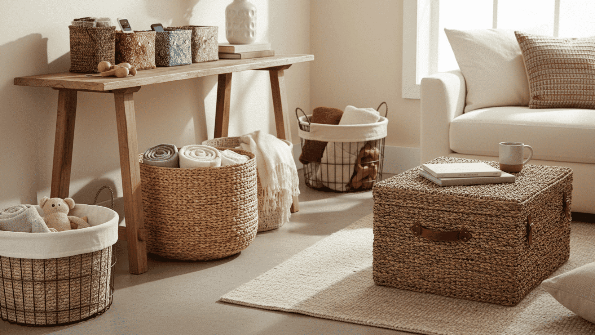 a cozy living room corner with a wooden console table multiple woven baskets rolled blankets a woven storage box a white sofa and a coffee mug on the floor rug