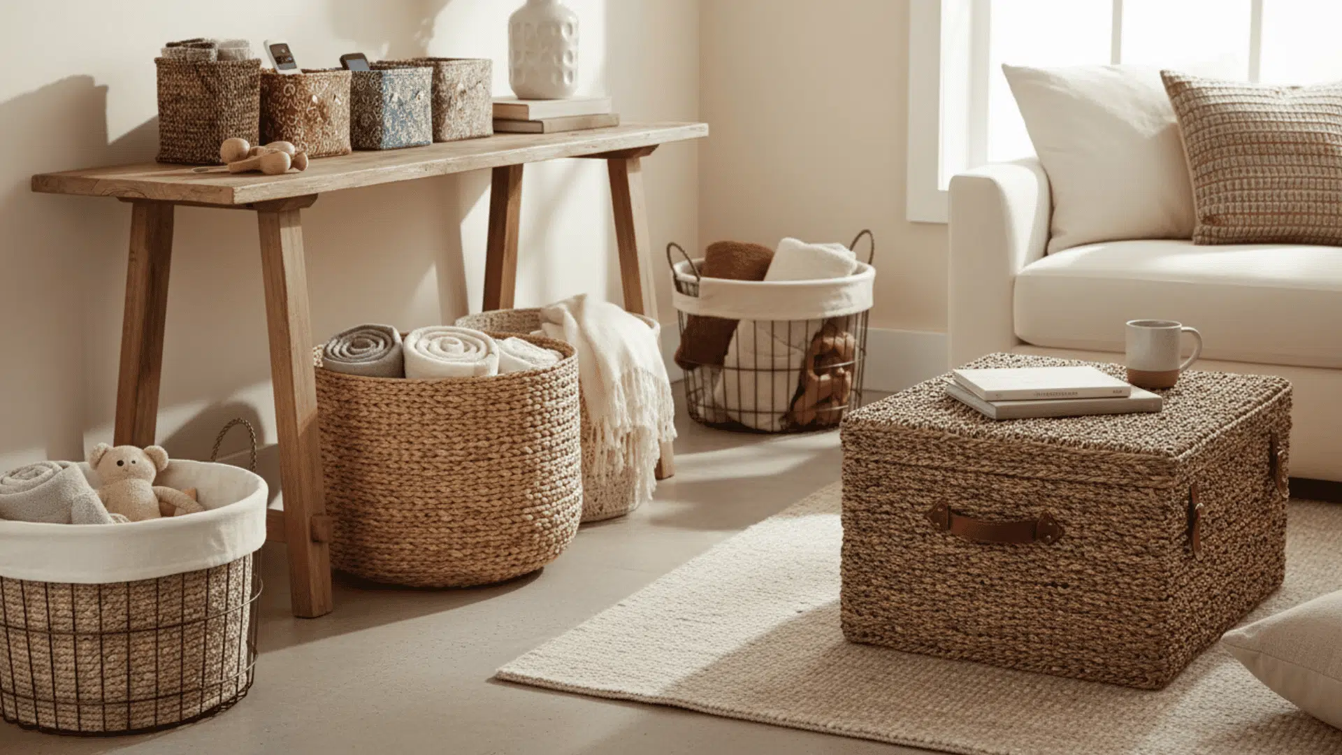 a cozy living room corner with a wooden console table multiple woven baskets rolled blankets a woven storage box a white sofa and a coffee mug on the floor rug