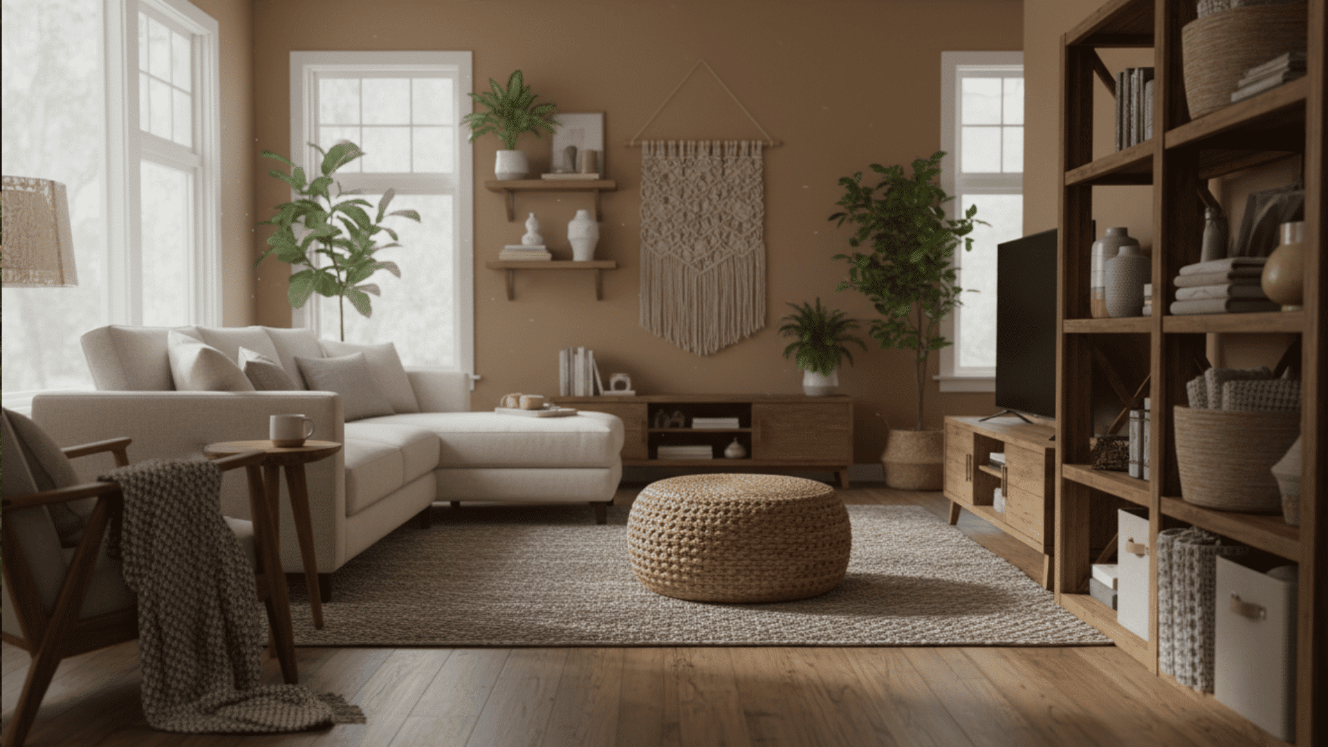a cozy living room with a beige sectional sofa an armchair a round woven ottoman wooden shelves a TV and indoor plants near large windows