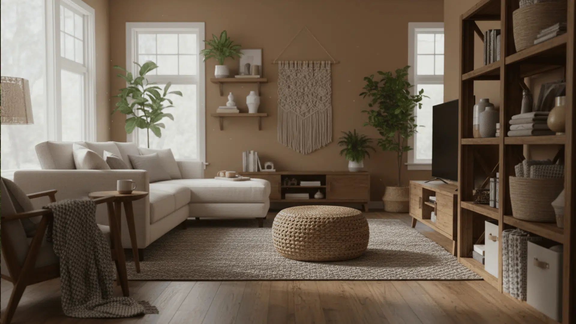 a cozy living room with a beige sectional sofa an armchair a round woven ottoman wooden shelves a TV and indoor plants near large windows