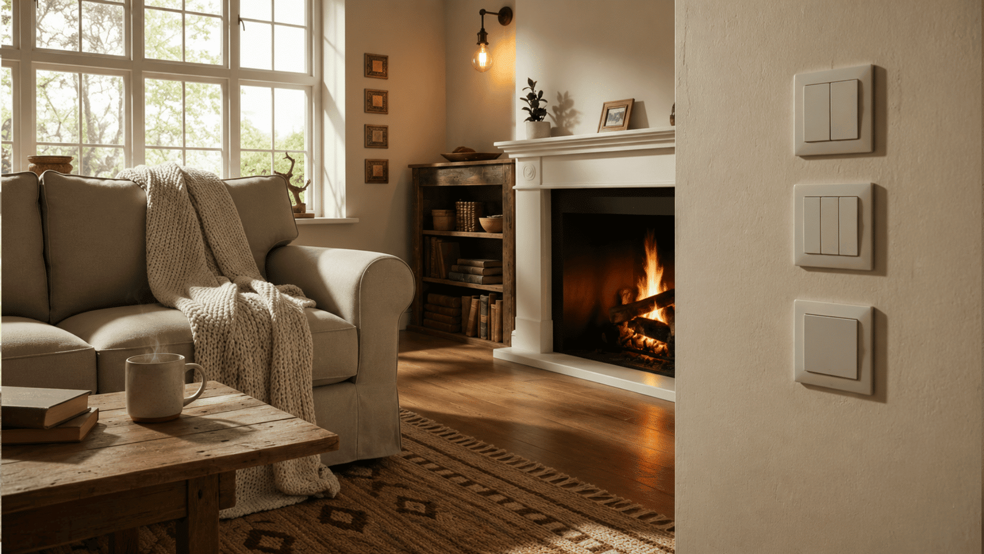 a cozy living room with a beige sofa a knitted throw a wooden coffee table a burning fireplace and large windows letting in natural light
