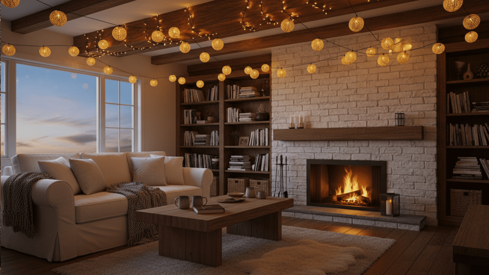 a cozy living room with a lit fireplace a white sofa wooden coffee table bookshelves and string lights on the ceiling