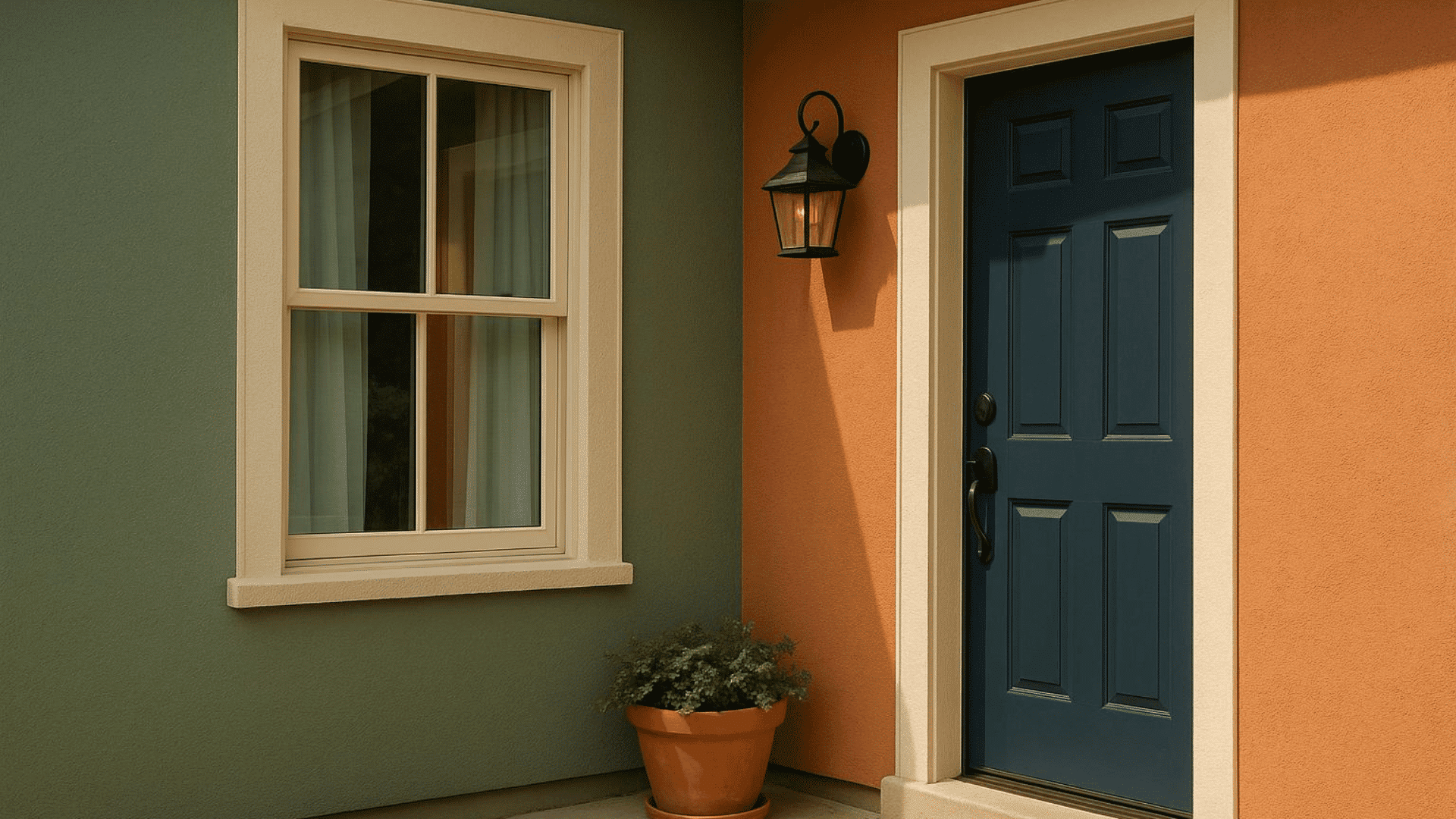 a dark teal front door next to a green wall with a window and a potted plant on a concrete porch