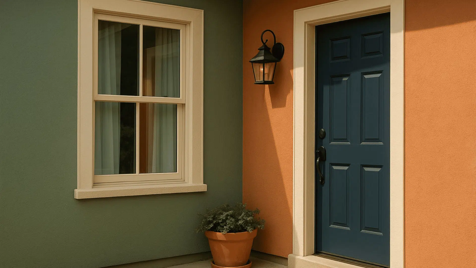 a dark teal front door next to a green wall with a window and a potted plant on a concrete porch