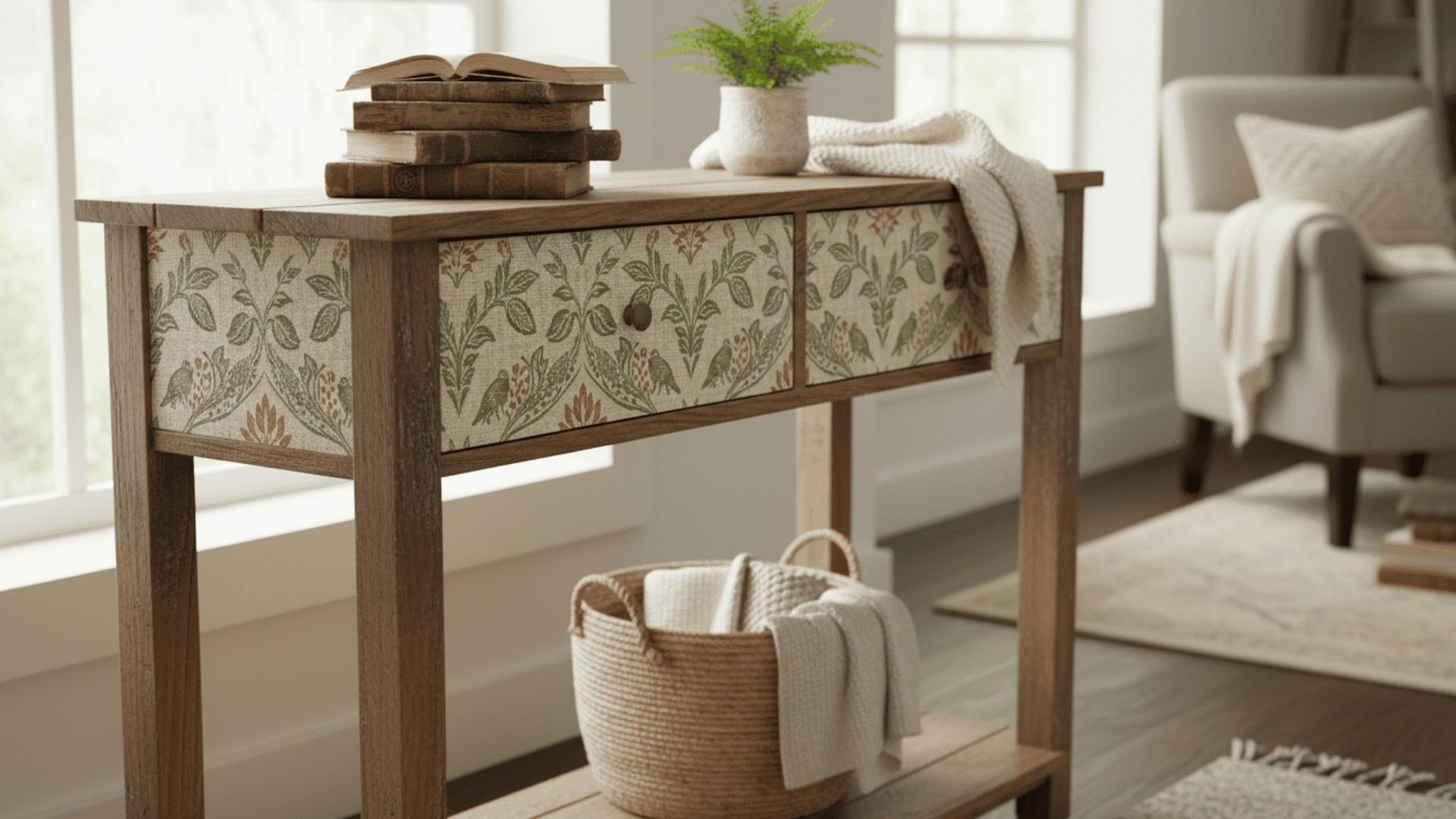 a decorative wooden console table with floral patterned drawers stacked books a potted plant a knitted throw and a woven basket in a sunlit living room