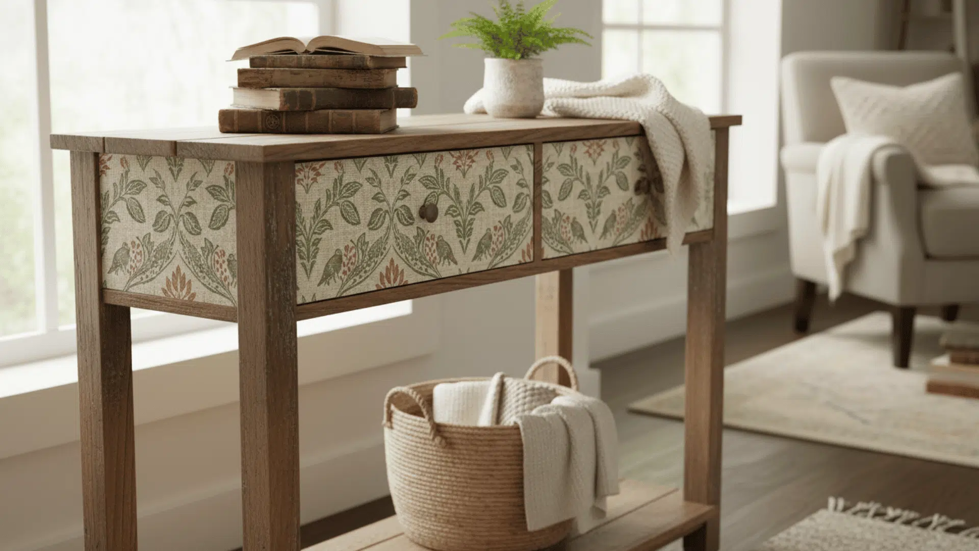 a decorative wooden console table with floral patterned drawers stacked books a potted plant a knitted throw and a woven basket in a sunlit living room