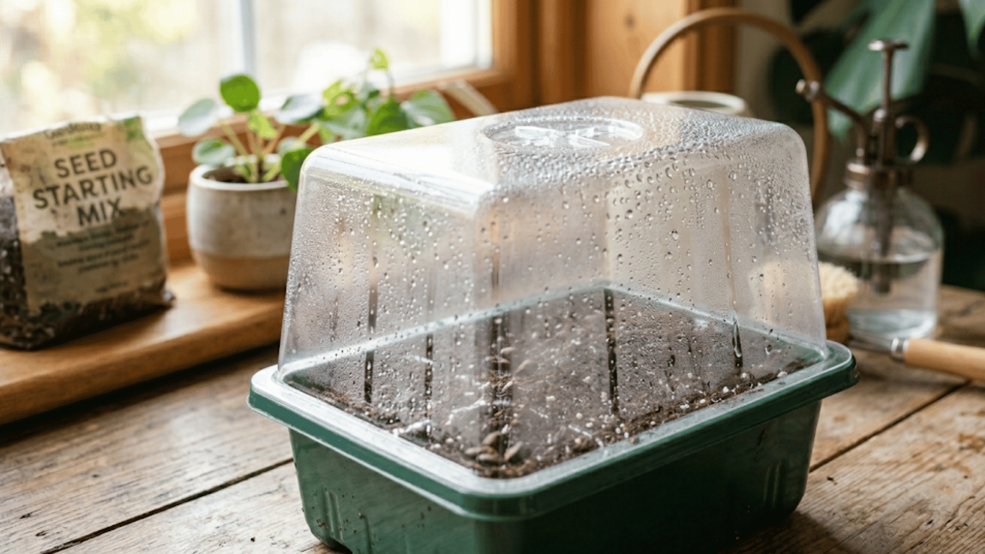 a green propagation tray with seedlings and a brass misting bottle, by a window