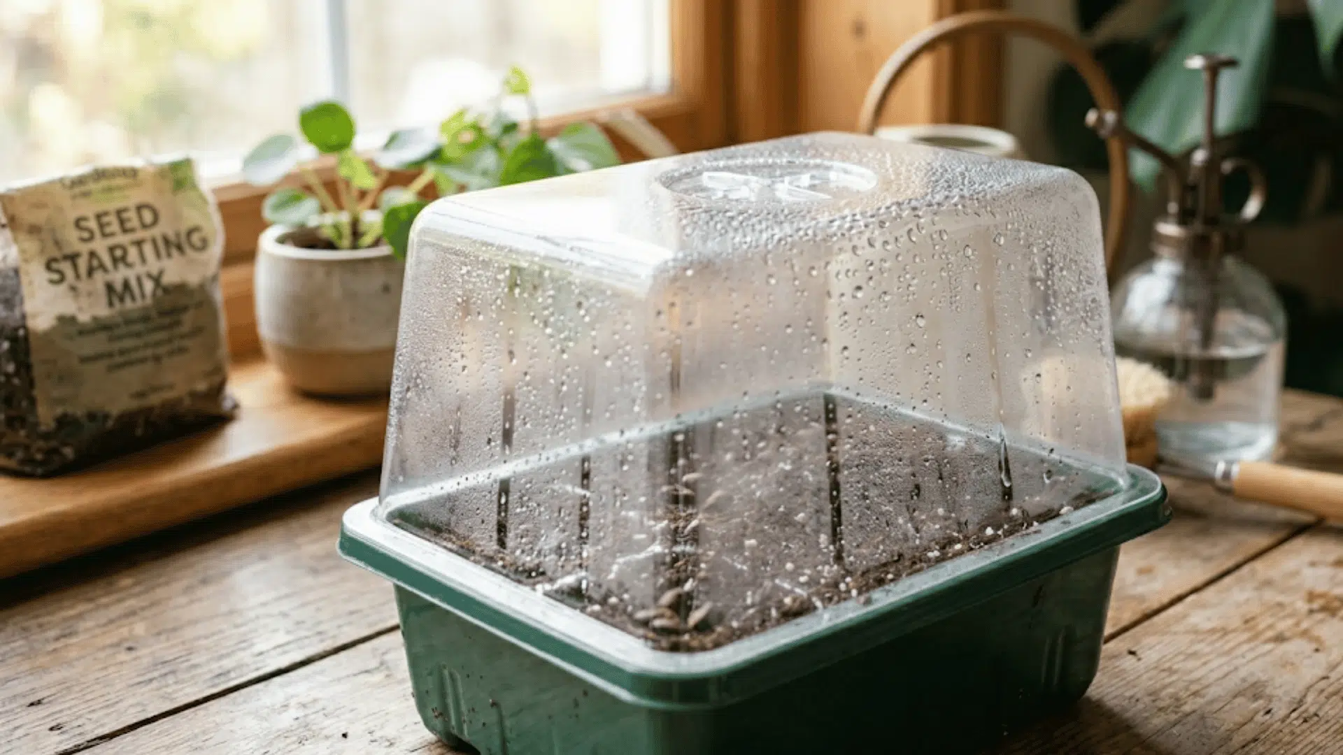 a green propagation tray with seedlings and a brass misting bottle, by a window