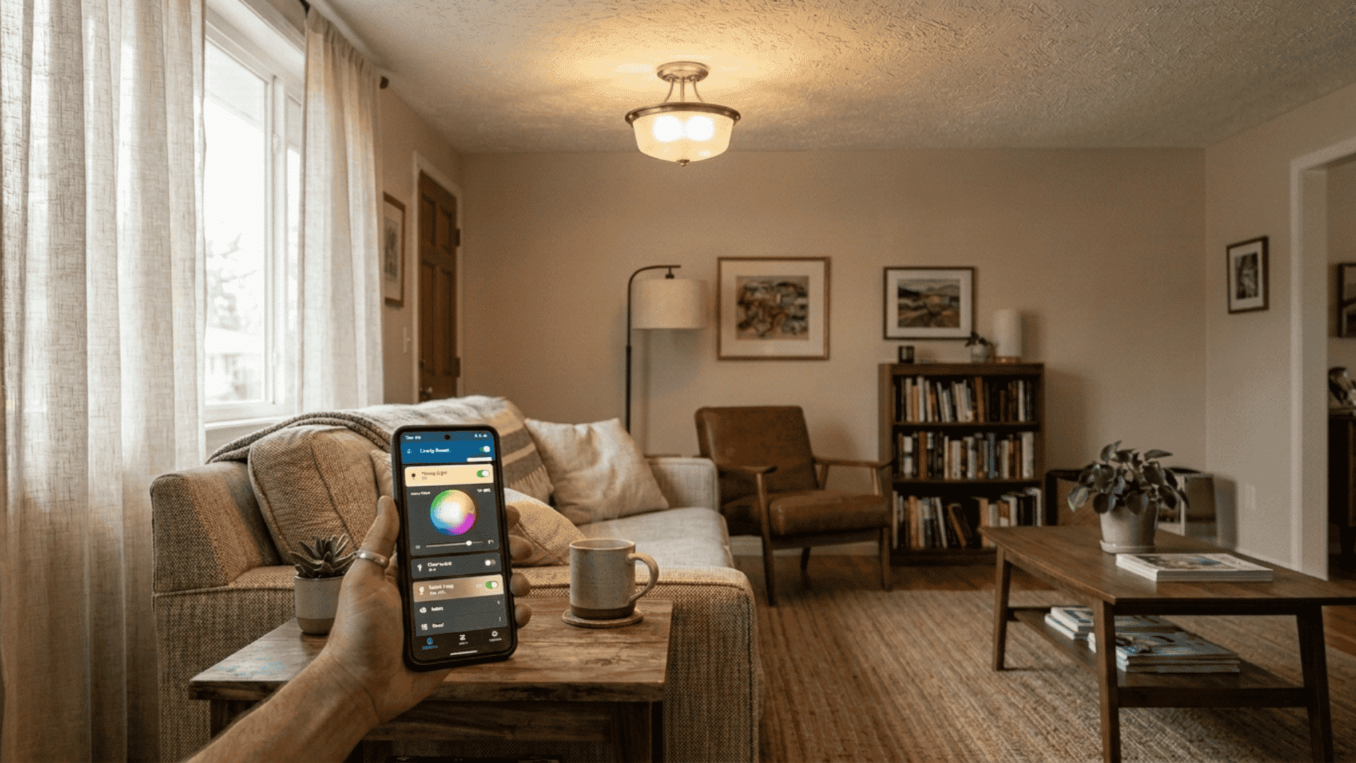 a hand holding a smartphone showing a smart home light control app, set within a cozy, mid-century living room.