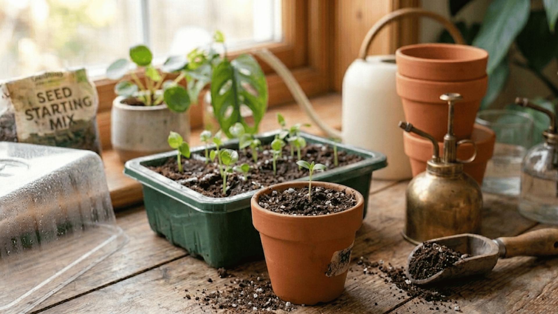 a hand lifting a monstera adansonii seedling from a green tray to a terracotta pot