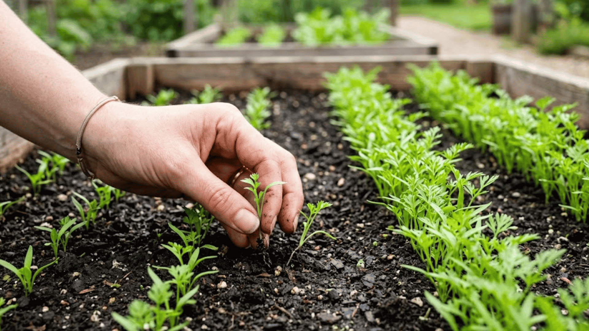 a hand planting small carrot seedlings in dark soil rows inside a raised garden bed with fresh green plants