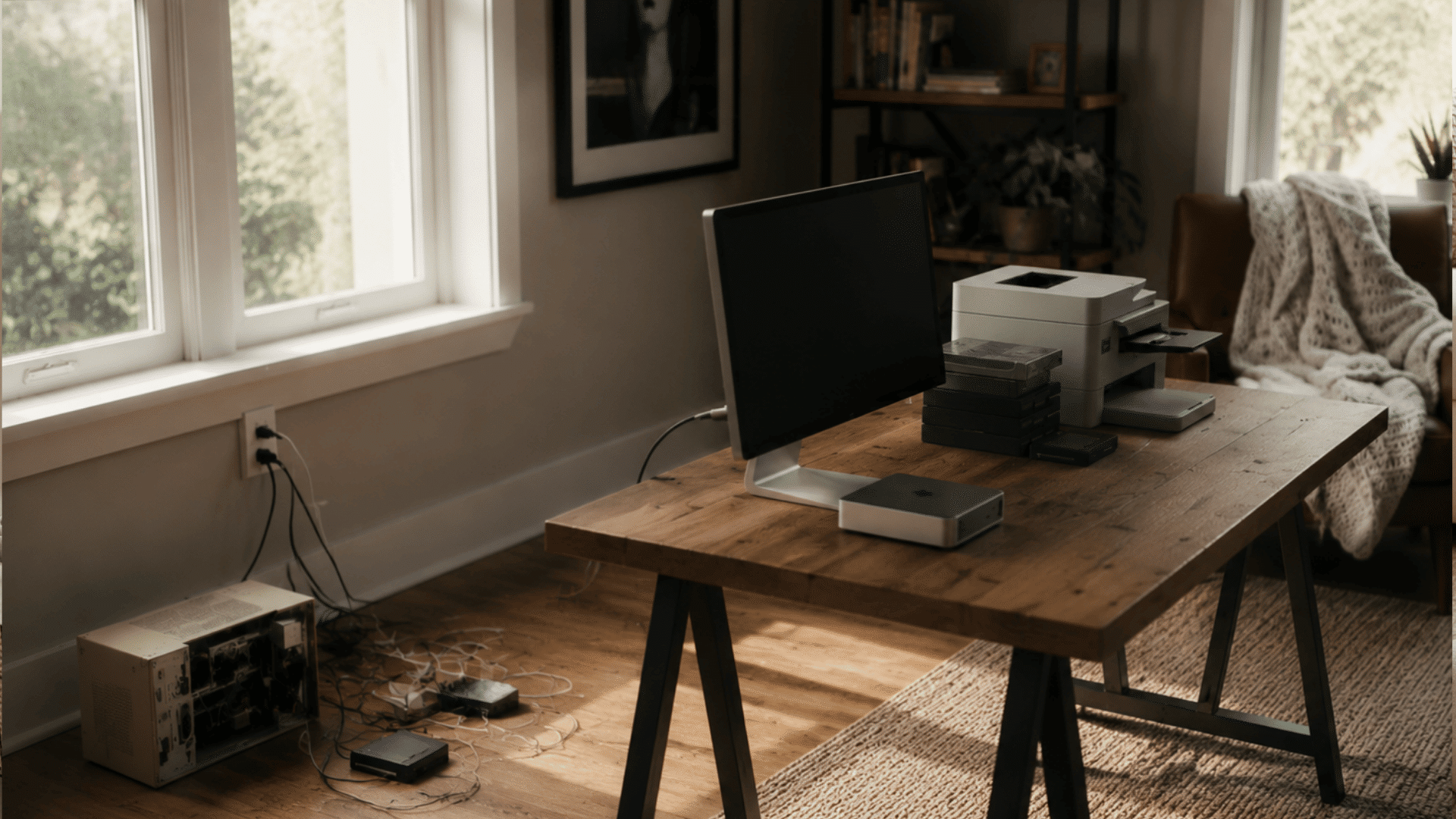 a home office with a wooden desk a computer monitor a printer stacked drives a brown armchair with a knitted throw and a bookshelf near large windows