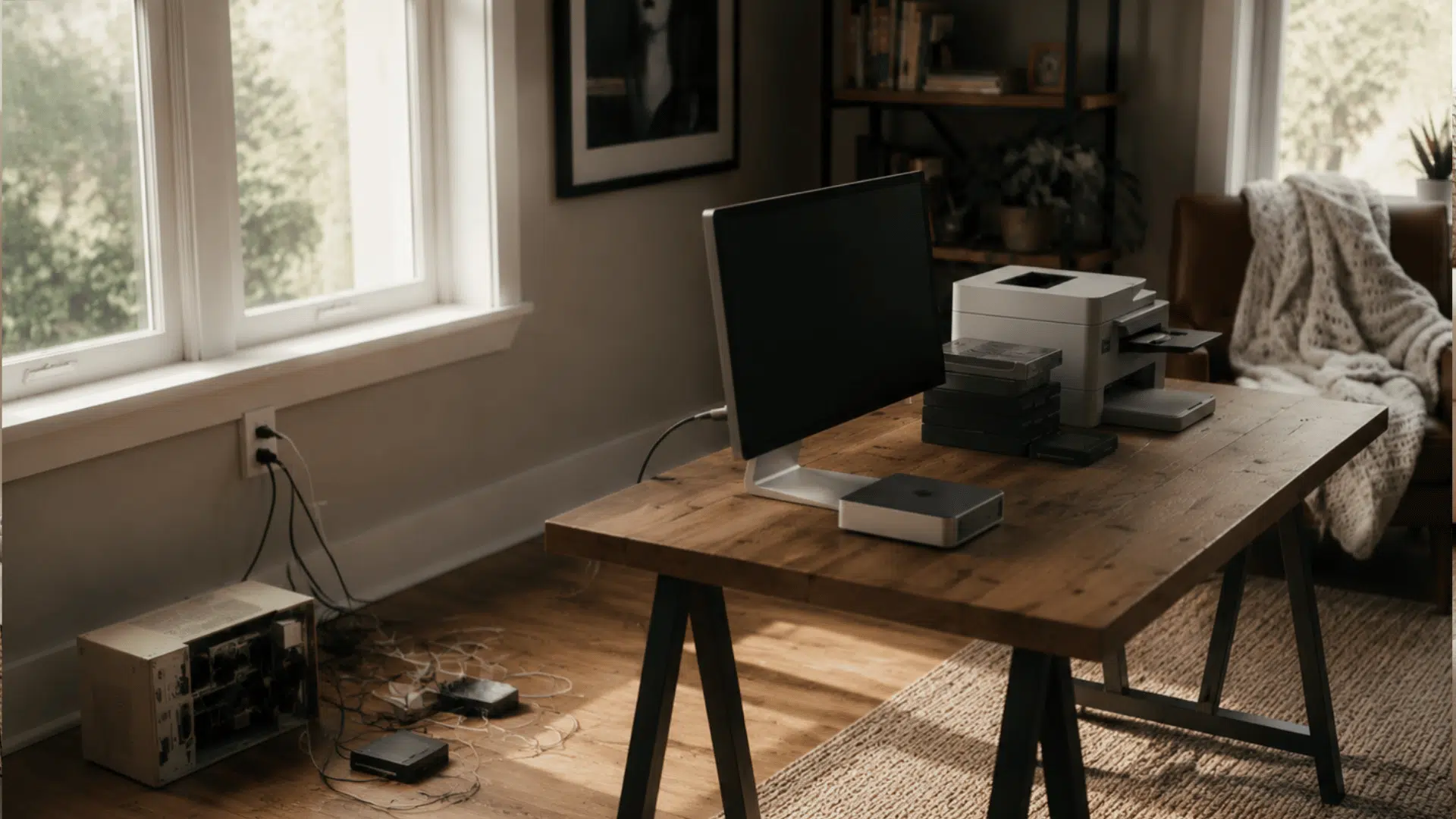 a home office with a wooden desk a computer monitor a printer stacked drives a brown armchair with a knitted throw and a bookshelf near large windows