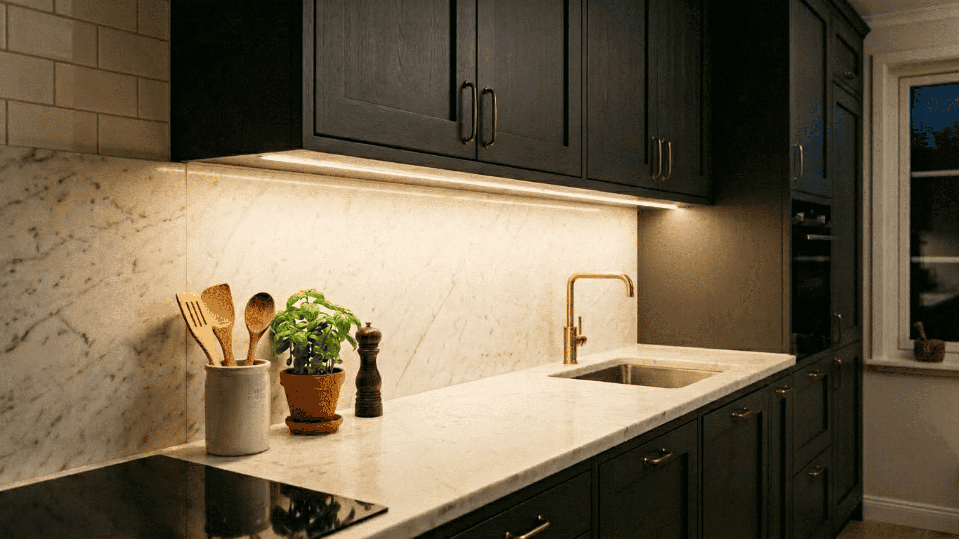 a kitchen counter with white marble counters, black cabinets, and warm under-cabinet lighting.
