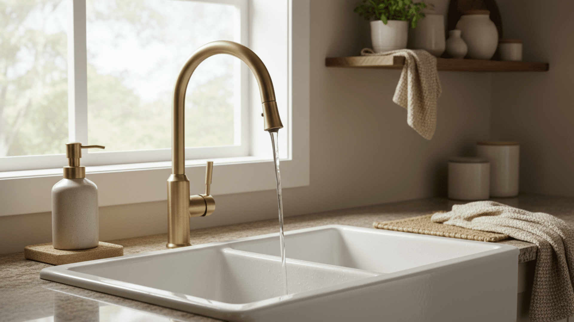 a kitchen sink with a gold faucet running water a soap dispenser on the countertop and a wooden shelf with plants and towels in the background