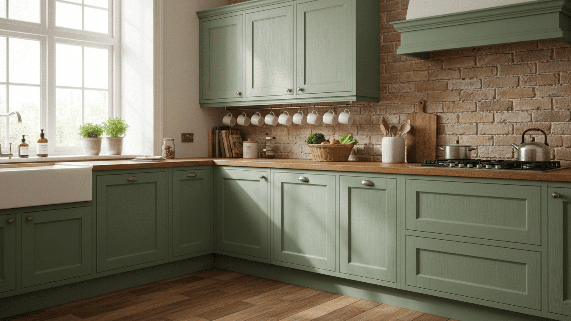 a kitchen with sage green cabinets wooden countertops a brick backsplash a white farmhouse sink and potted plants on the windowsill
