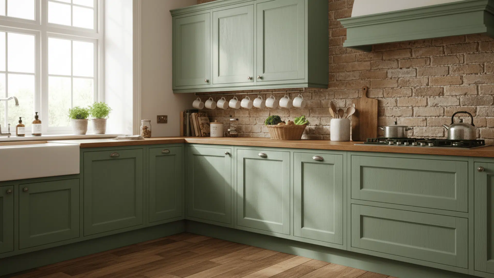 a kitchen with sage green cabinets wooden countertops a brick backsplash a white farmhouse sink and potted plants on the windowsill