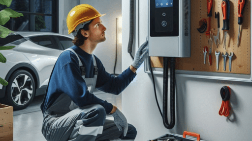 A licensed electrician inspecting a residential electrical panel in a modern garage, with tools nearby and an EV charger mounted on the wall, realistic lighting, professional and safe atmosphere.