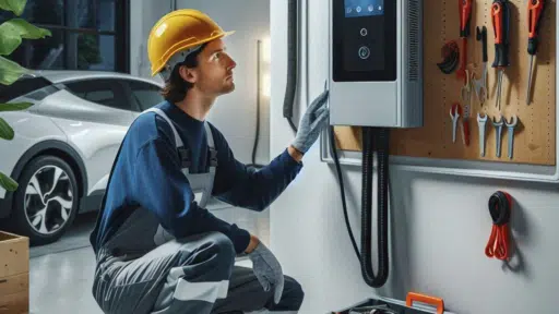 A licensed electrician inspecting a residential electrical panel in a modern garage, with tools nearby and an EV charger mounted on the wall, realistic lighting, professional and safe atmosphere.