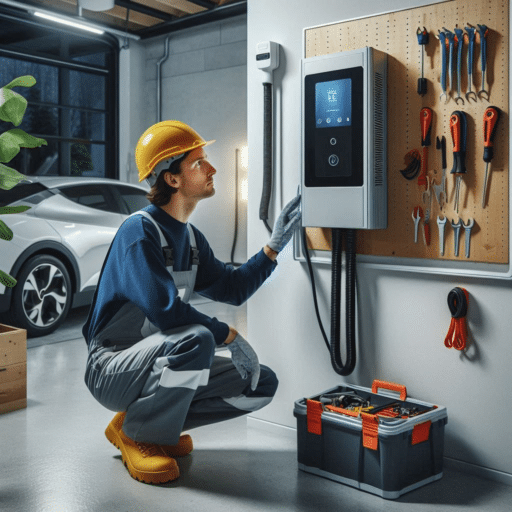 A licensed electrician inspecting a residential electrical panel in a modern garage, with tools nearby and an EV charger mounted on the wall, realistic lighting, professional and safe atmosphere.