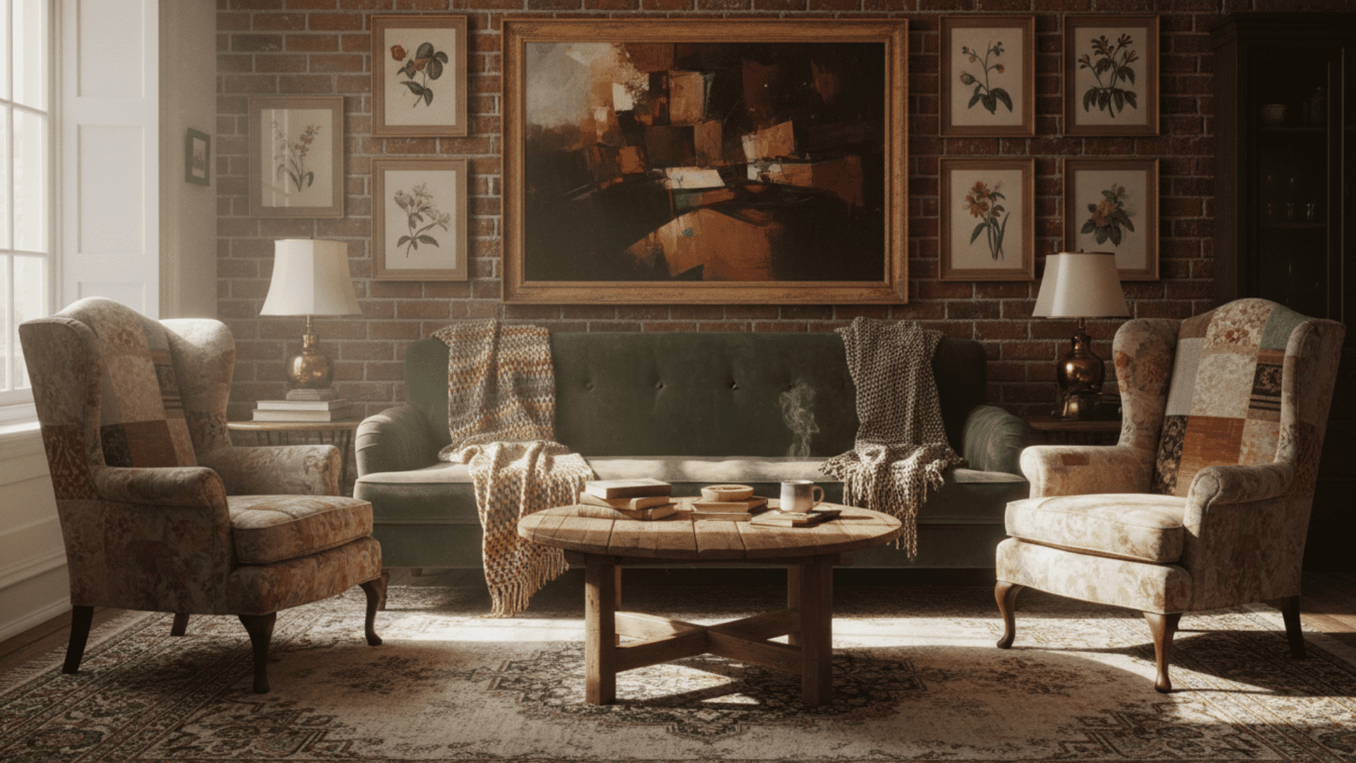 a living room with a green sofa two patterned armchairs a round wooden coffee table and framed artwork on a brick wall
