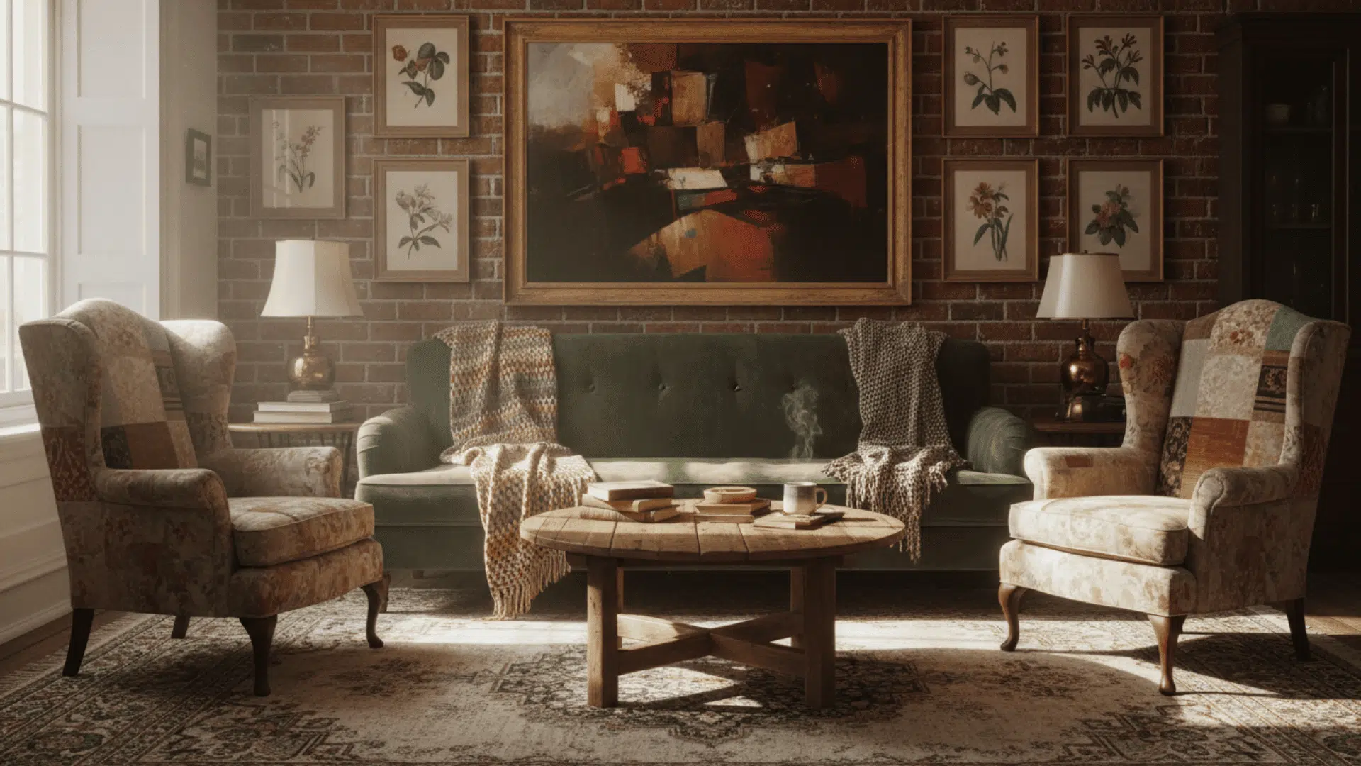 a living room with a green sofa two patterned armchairs a round wooden coffee table and framed artwork on a brick wall