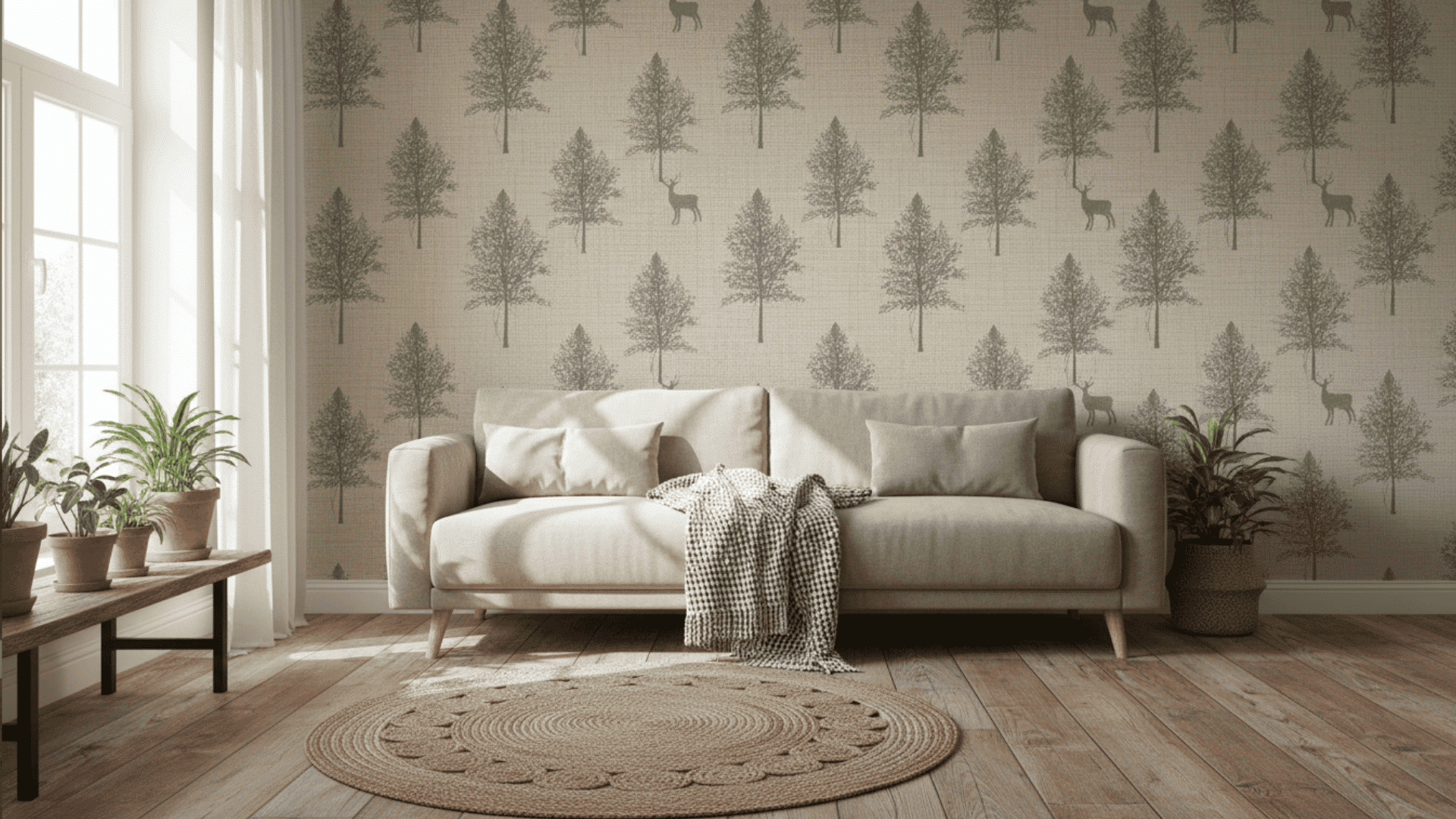 a living room with a light beige sofa with pillows and a blanket a round woven rug wooden floor potted plants and wallpaper with trees and deer pattern