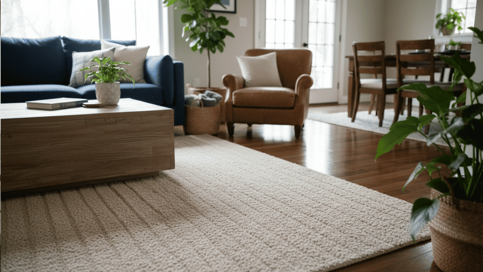 a living room with a navy sofa a brown armchair a wooden coffee table a light textured rug and plants near a dining area in the background