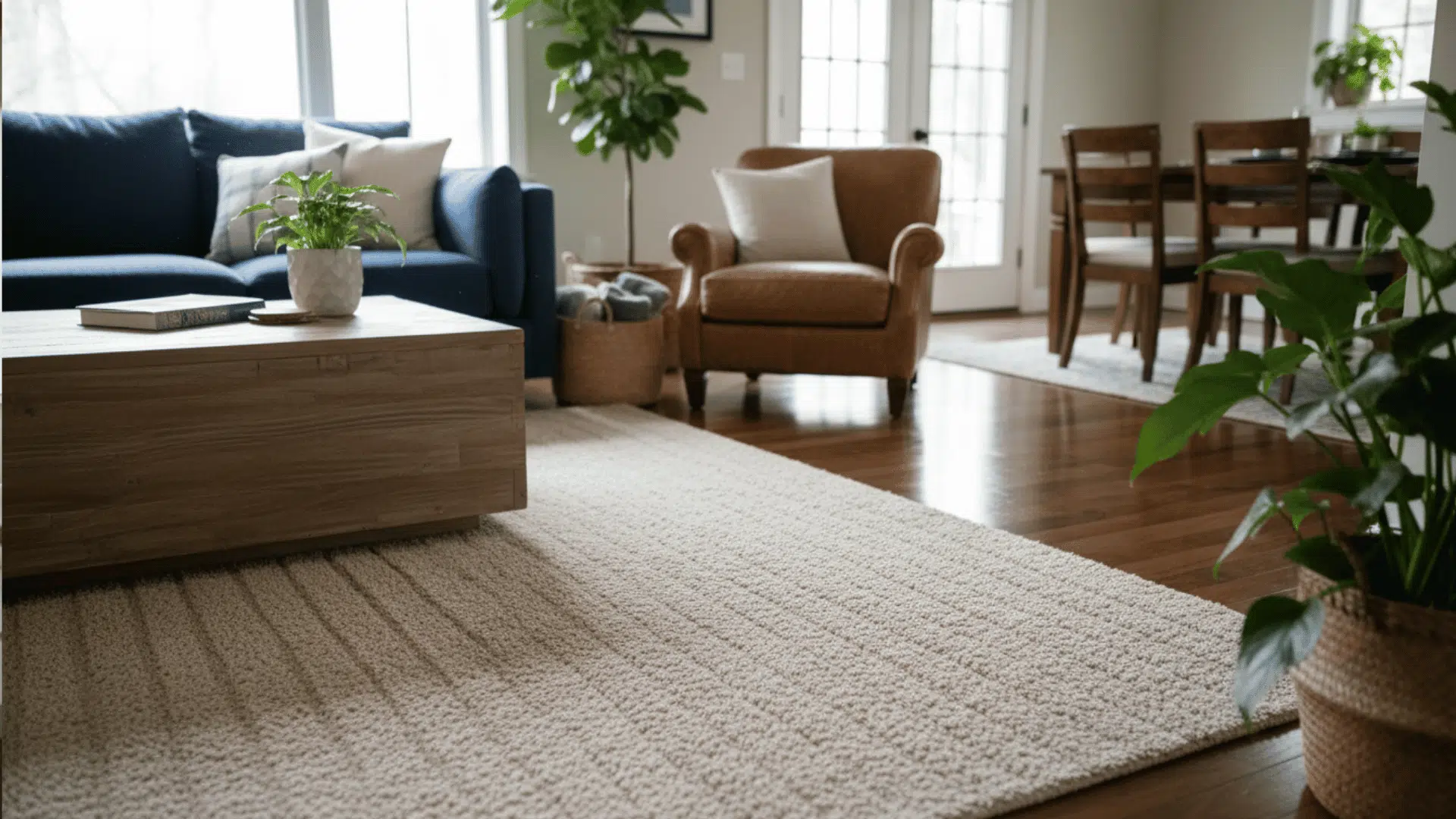 a living room with a navy sofa a brown armchair a wooden coffee table a light textured rug and plants near a dining area in the background