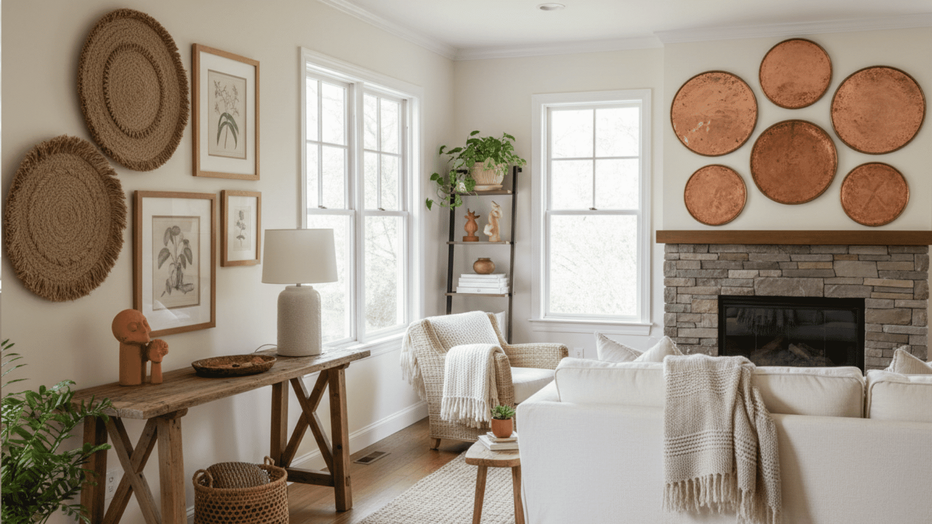 a living room with a white sofa and armchair a stone fireplace with copper wall decor and a wooden console table with framed artwork and a lamp