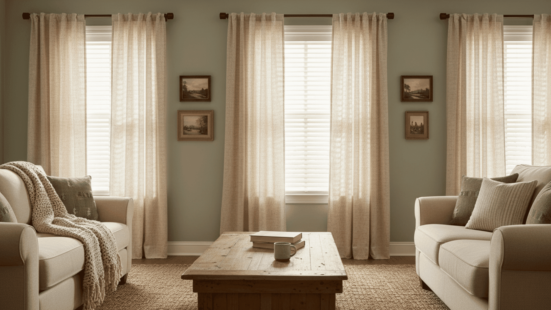 a living room with two beige sofas facing each other a wooden coffee table with books and a mug and tall windows with light beige curtains and framed artwork