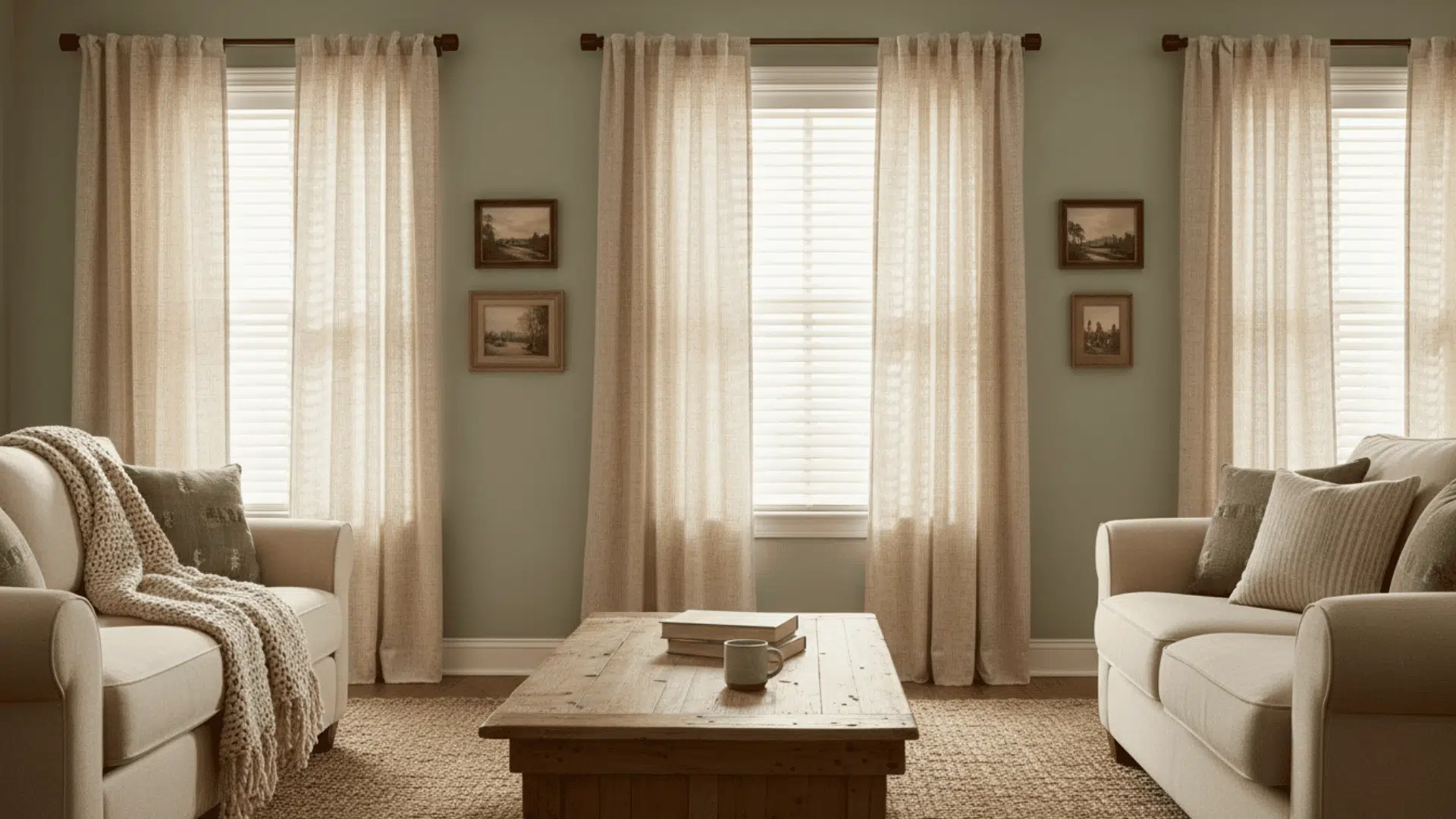 a living room with two beige sofas facing each other a wooden coffee table with books and a mug and tall windows with light beige curtains and framed artwork