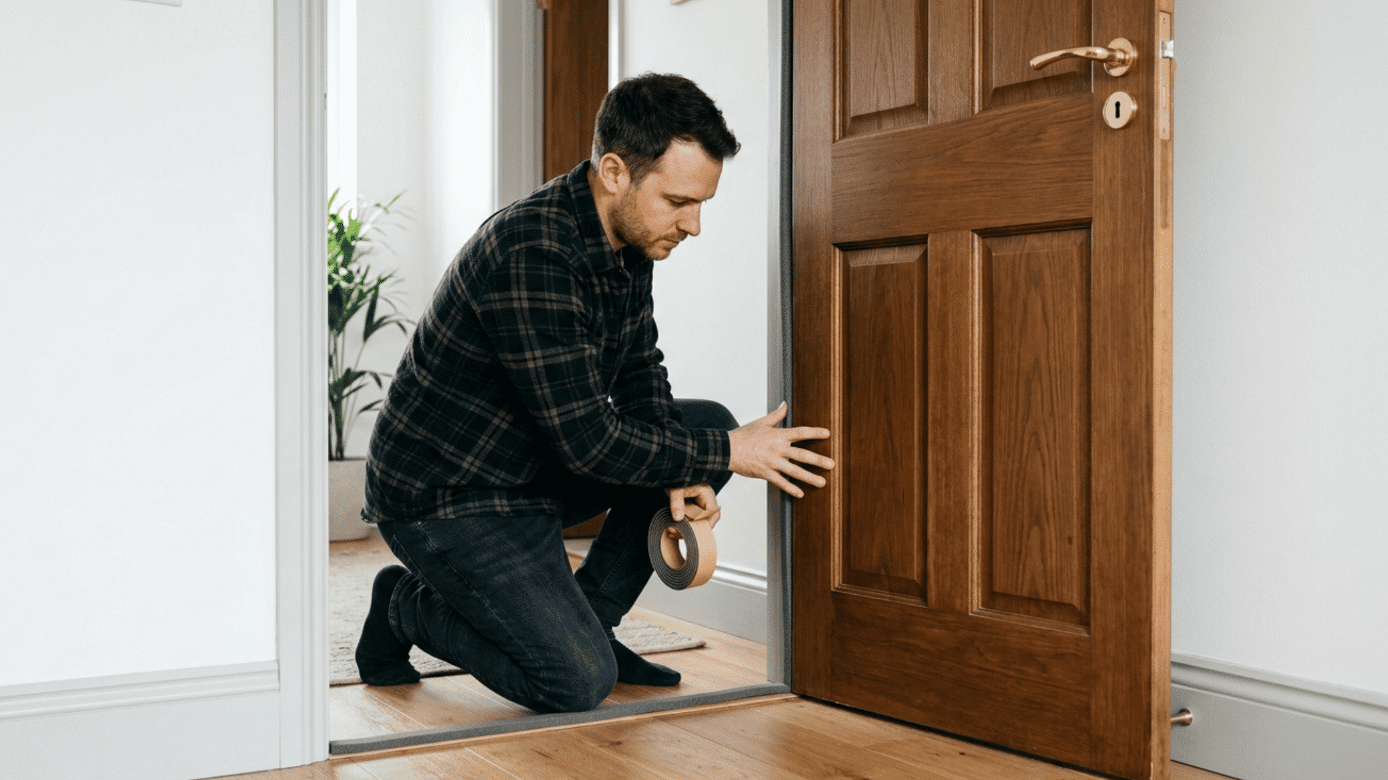 a man applying adhesive weatherstripping along the inside of a wooden door frame to seal gaps and reduce noise.