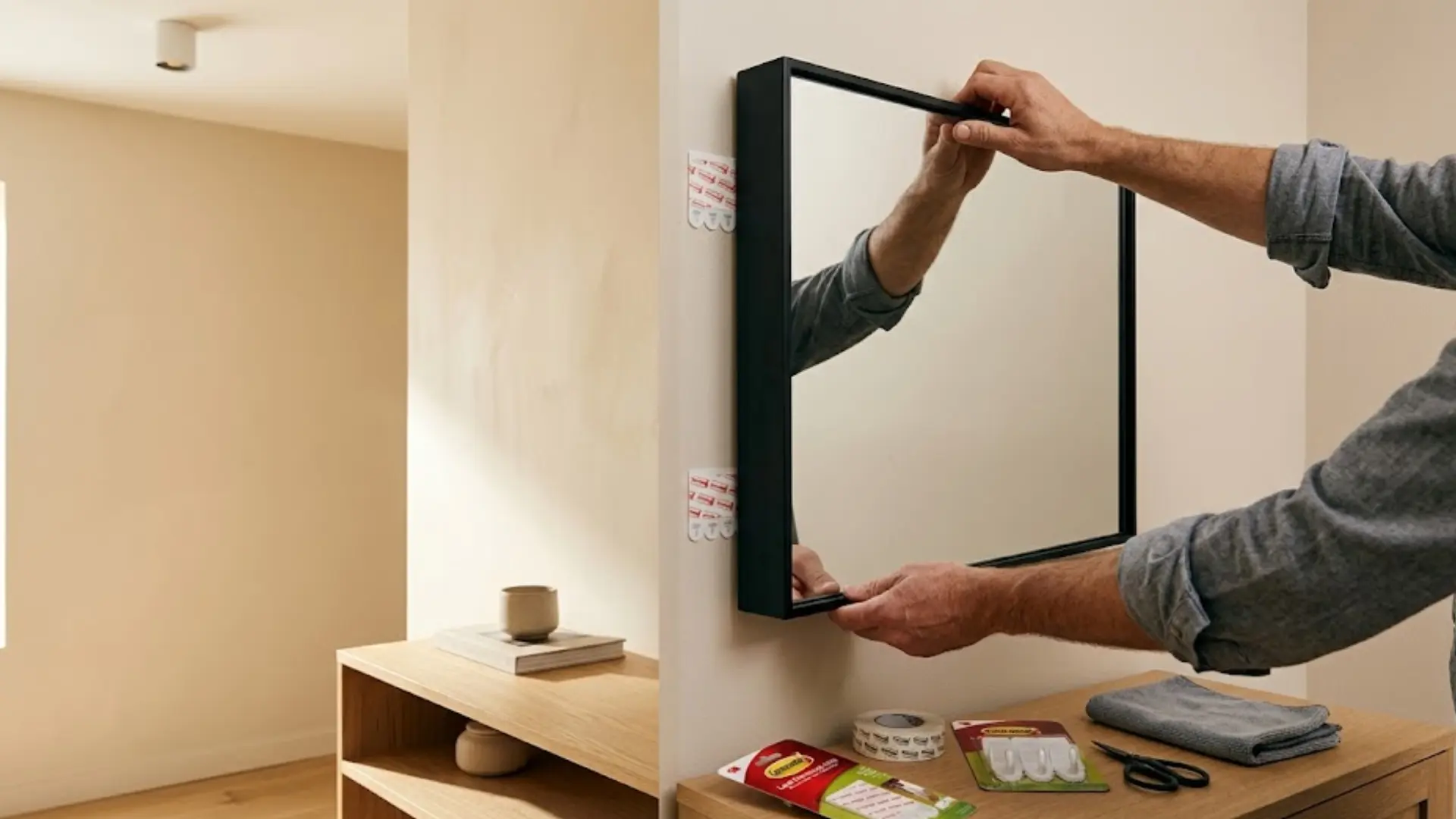 a man installs a black-framed mirror on a beige wall with red and white mounting strips above an oak dresser