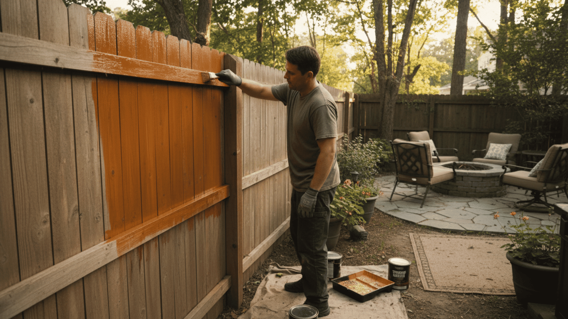 a man wearing gloves painting a wooden fence orange in a backyard with potted plants and a stone patio with outdoor chairs and a fire pit