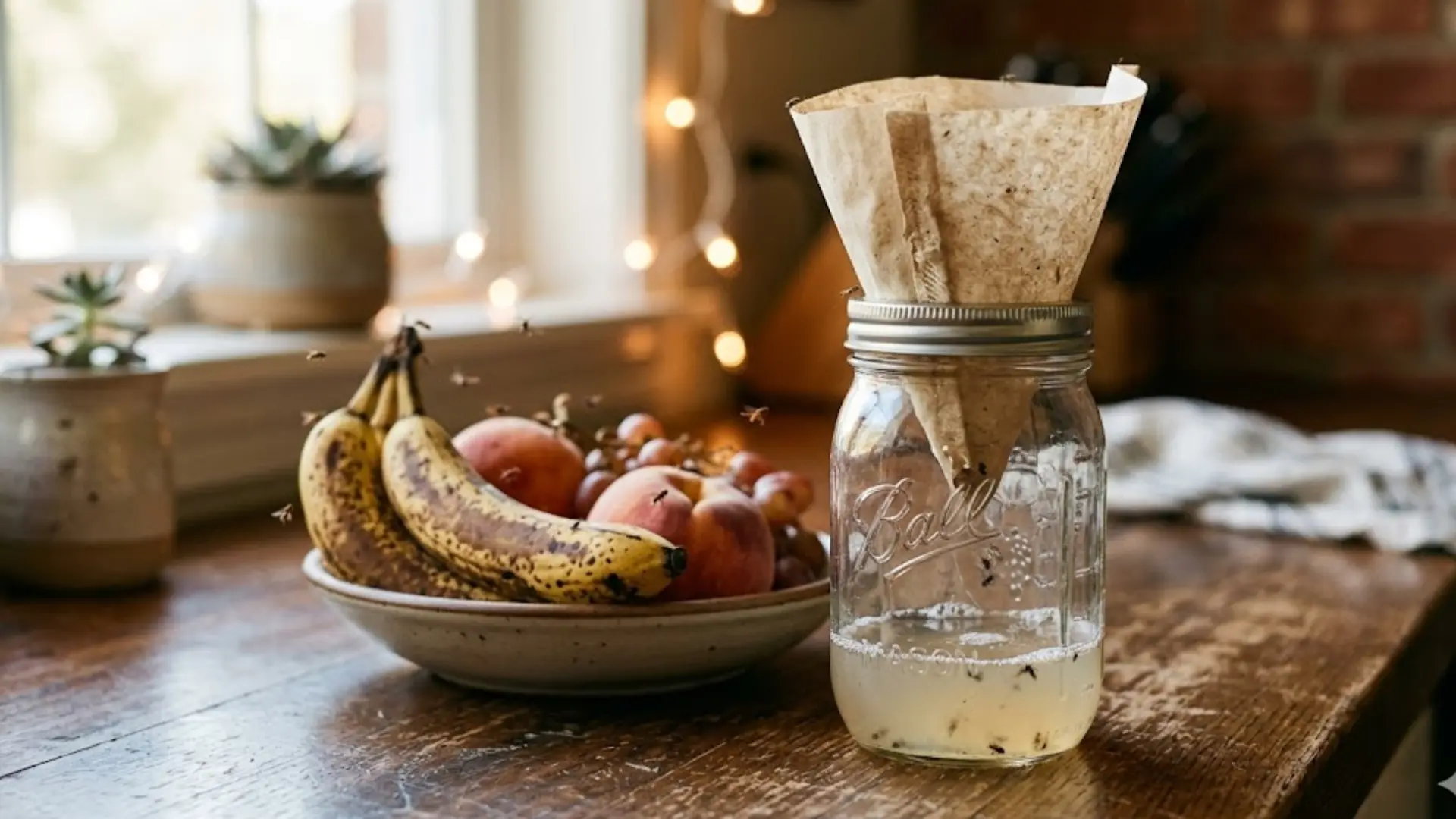 a mason jar fruit fly trap with a paper cone sits on a wood counter near overripe bananas and peaches in warm light (1)