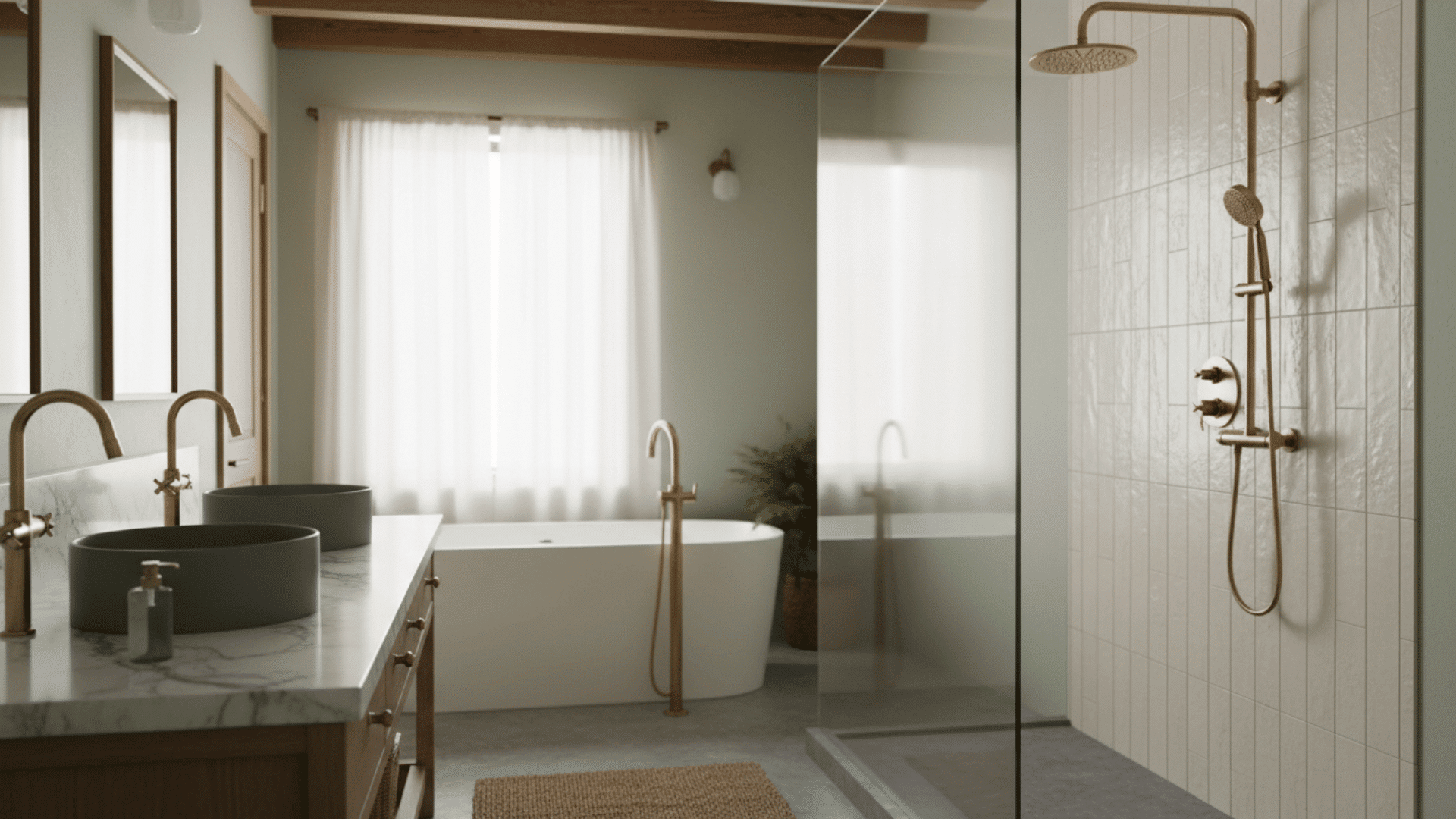 a modern bathroom with a freestanding bathtub a walk-in shower with gold fixtures double sinks with round basins and a large window with sheer curtains