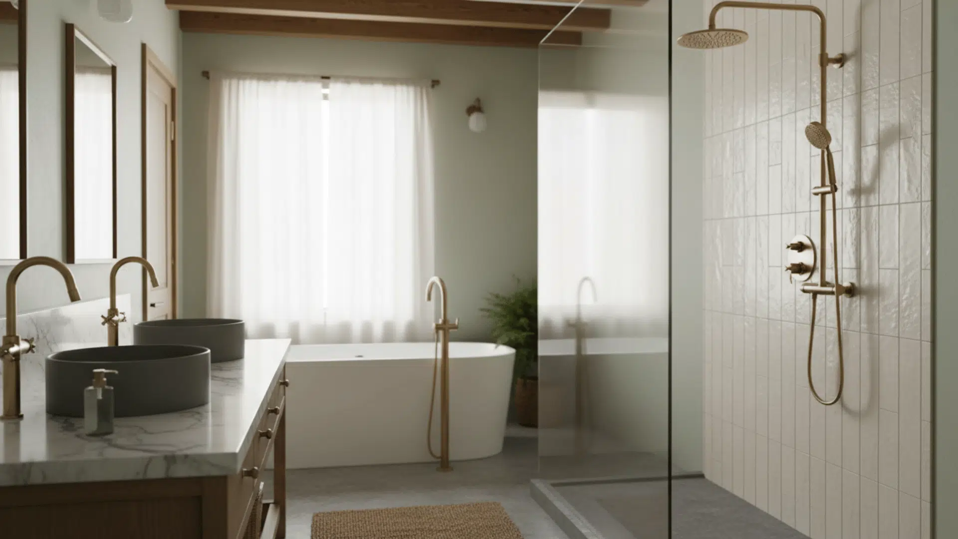 a modern bathroom with a freestanding bathtub a walk-in shower with gold fixtures double sinks with round basins and a large window with sheer curtains