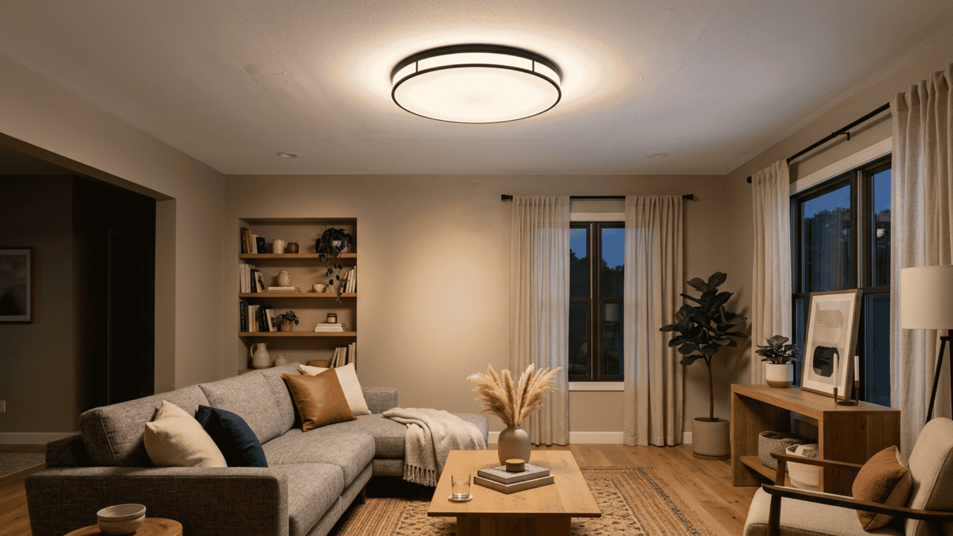 a modern flush-mount ceiling light fixture with a metal rim, illuminated, in a warmly lit living room.