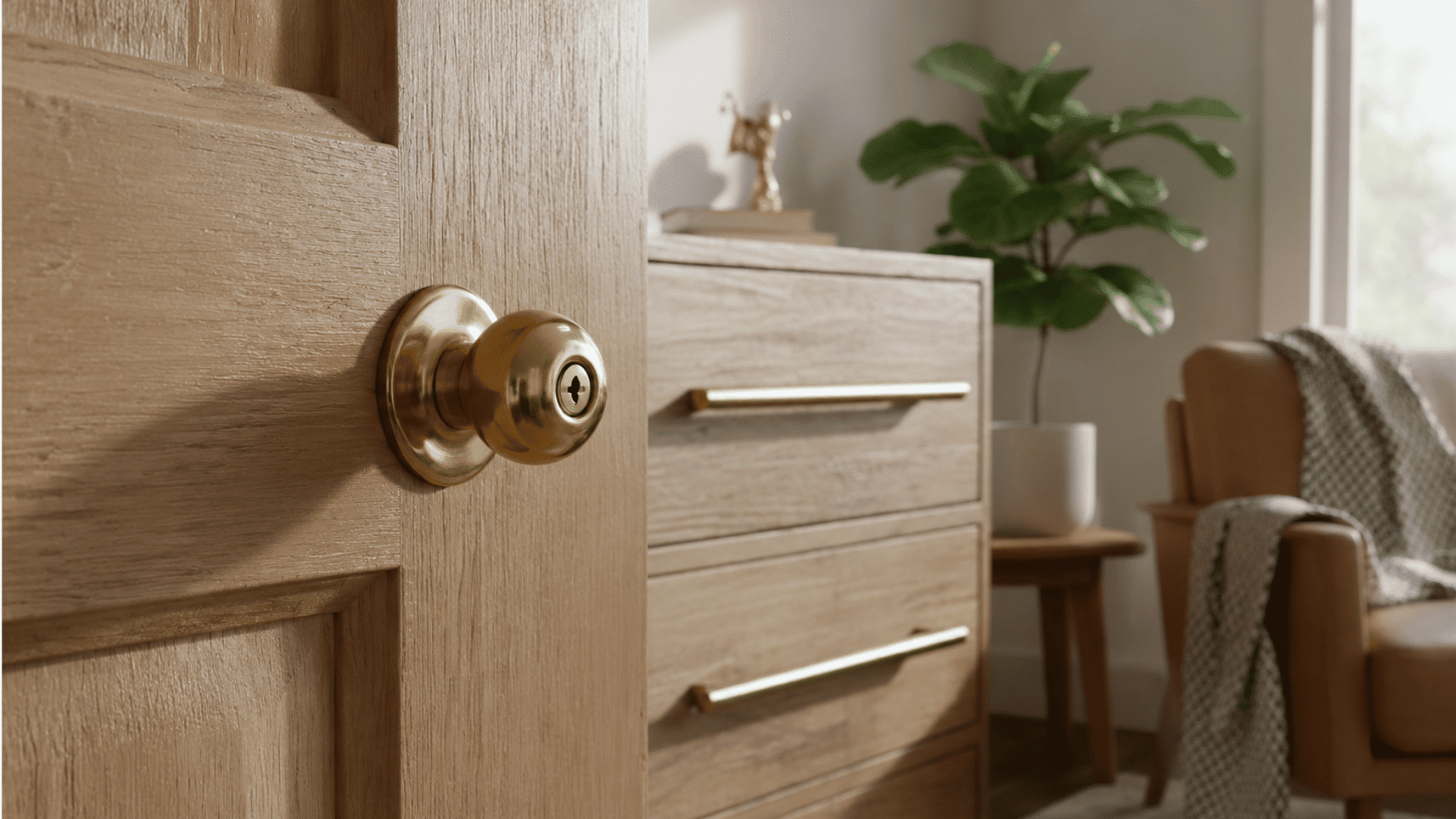 a partially open wooden door with a brass doorknob revealing a room with a wooden dresser a potted plant and a brown leather chair with a blanket