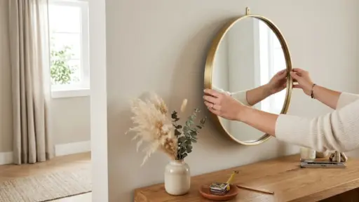 a person adjusting a round brass mirror over a wooden console table with a measuring tape and pampas grass nearby