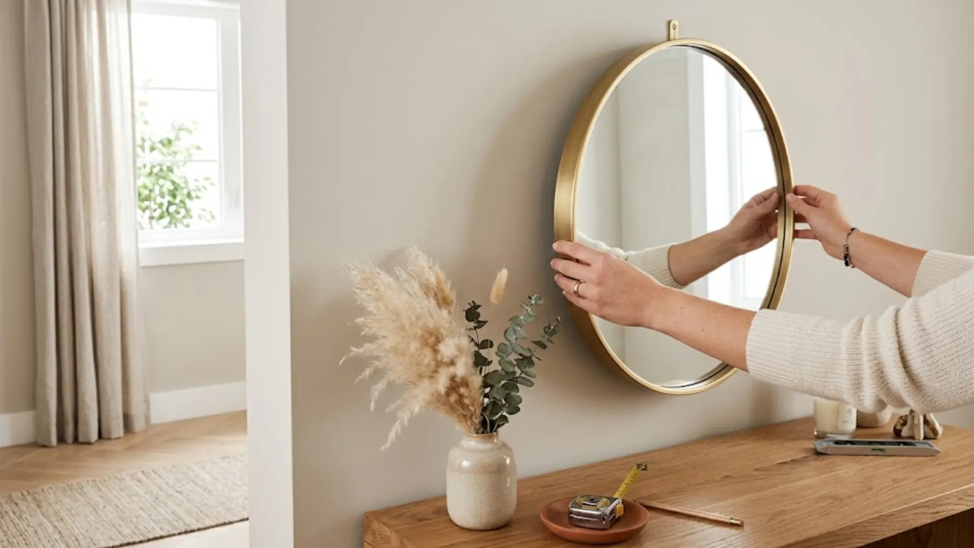 a person adjusting a round brass mirror over a wooden console table with a measuring tape and pampas grass nearby