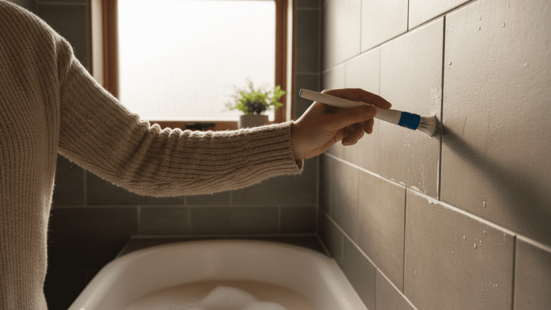 a person cleaning or scrubbing grout lines on gray bathroom tiles above a bathtub using a small brush with a window and potted plant in the background