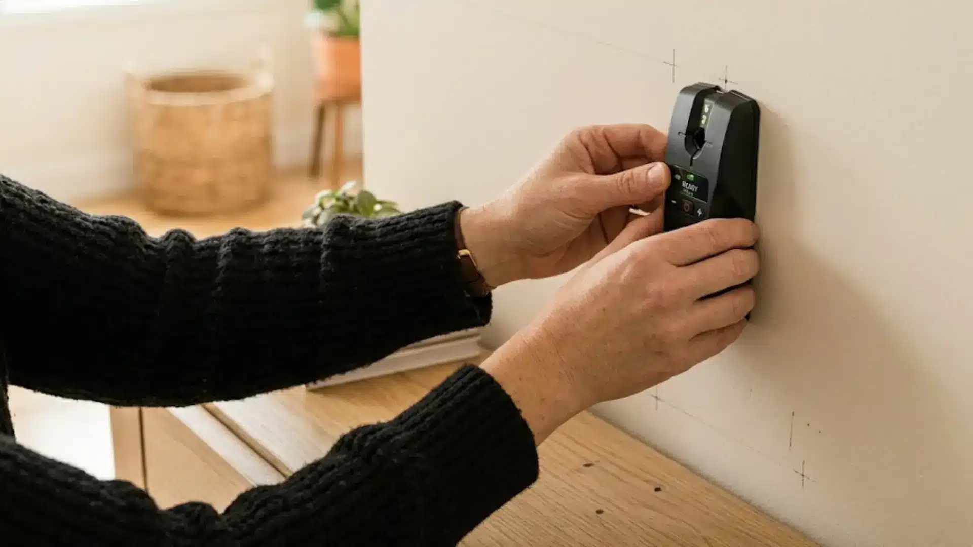 a person holding a matte black electronic stud finder against the wall, scanning to locate internal studs for support