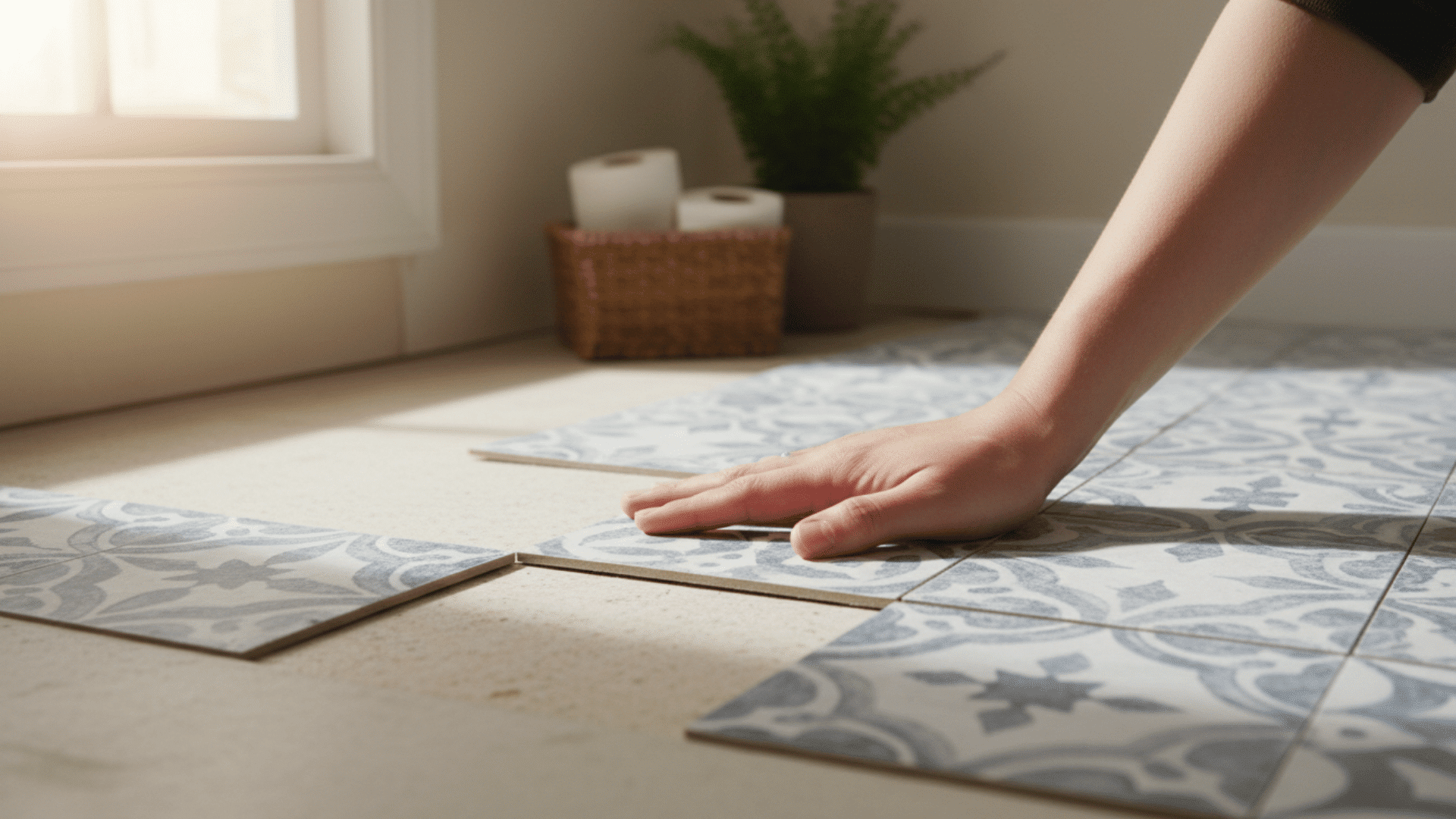 a person installing patterned floor tiles in a sunlit room with a potted plant and a basket with toilet paper rolls in the background
